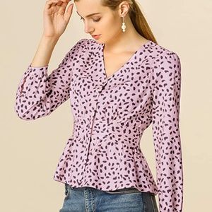 NWOT Women's Elegant Polka Dot Ruffled Hem Peplum Blouse, Purple, Size XS